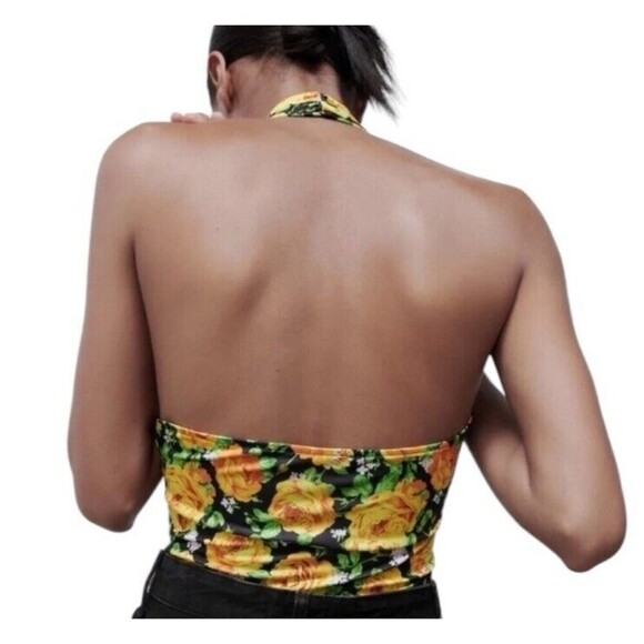 Zara Halter Top Bodysuit Size Small S Black Yellow Green Floral Twist Neck NWT - Picture 7 of 11